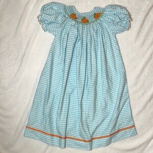 EUC silly goose Blue Gingham Dress with Pumpkin smocking size 6
